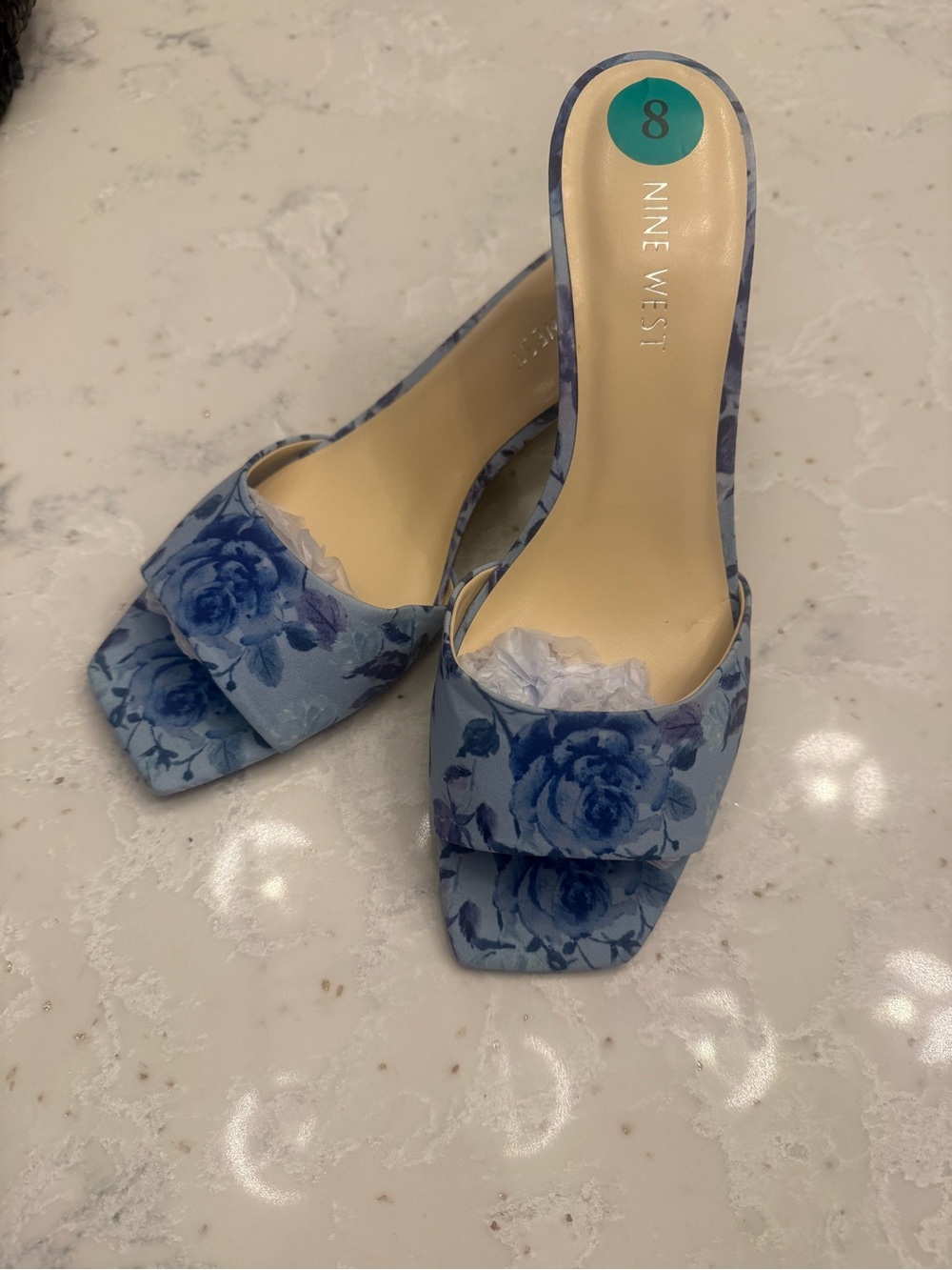 NWOT Nine West Blue Floral Toile Square Toe Kitten Heel Slide Sandals Size 8